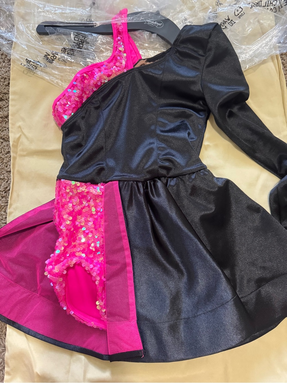 Girls One-Shoulder Black and Hot Pink Sequin Dance Costume
